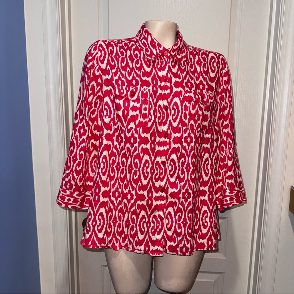 Kim Rogers 100% Linen pink and White Blouse with Mandarin Collar size PL